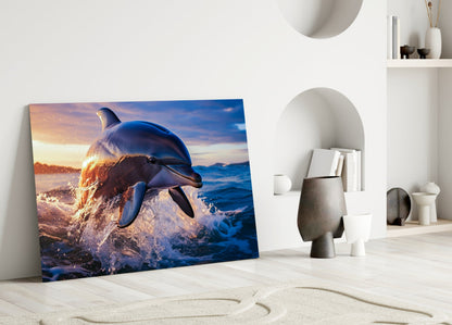 Smiling Dolphin Blue Splash Glass Wall Art