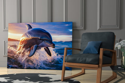 Smiling Dolphin Blue Splash Glass Wall Art