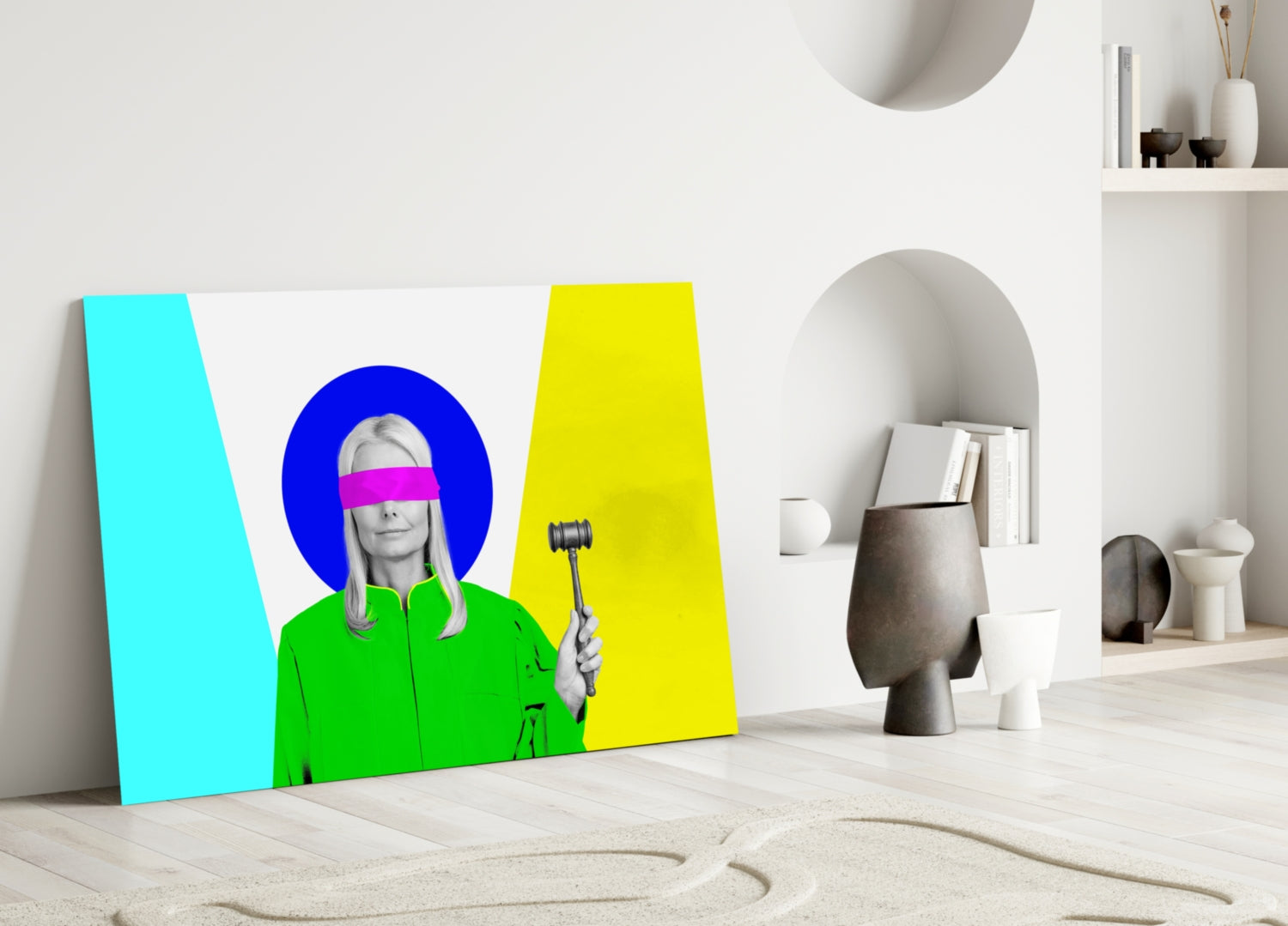 Colorful glass wall art leaning against white wall displays woman with pink blindfold, blue halo, green jacket holding gavel, cyan and yellow background shapes.