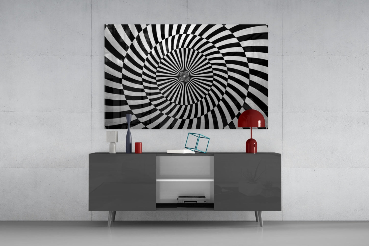 Black and White Optical Spiral Art Glass Wall Art