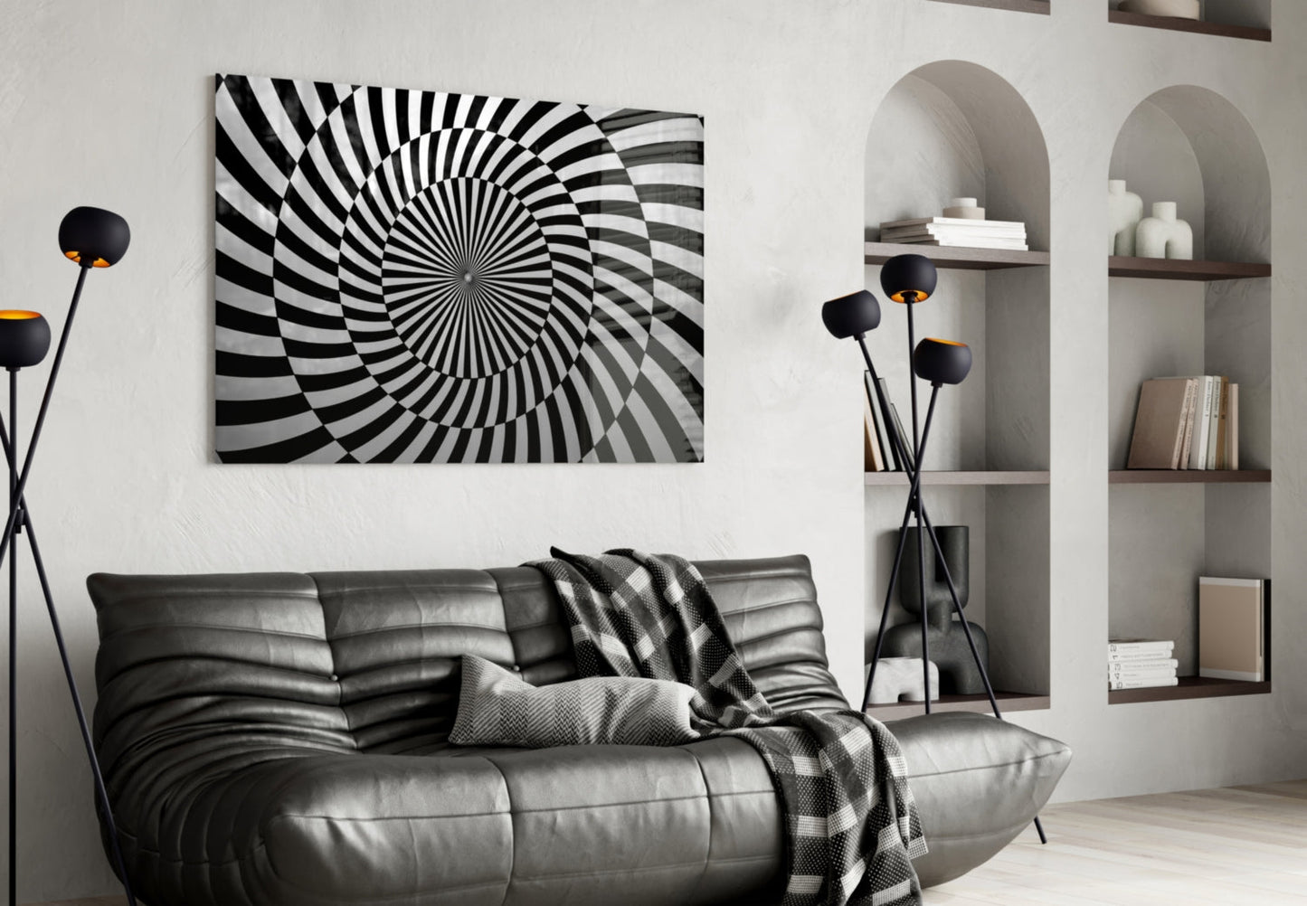 Black and White Optical Spiral Art Glass Wall Art