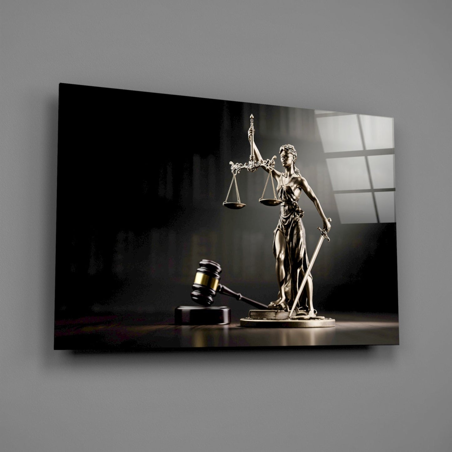 Golden Gavel and Justice Scales Glass Wall Art