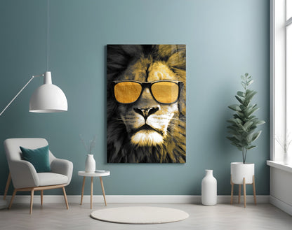 Gold Sunglasses Cool Lion Glass Wall Art
