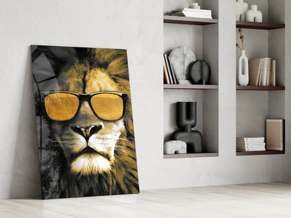Gold Sunglasses Cool Lion Glass Wall Art
