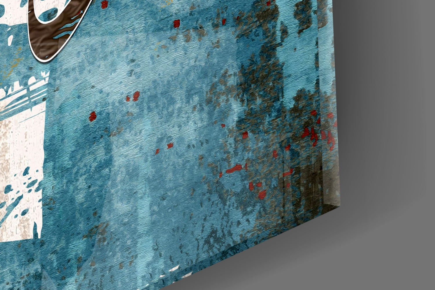 Close-up angled view of turquoise textured glass wall art with red and brown accents and white graphic elements.