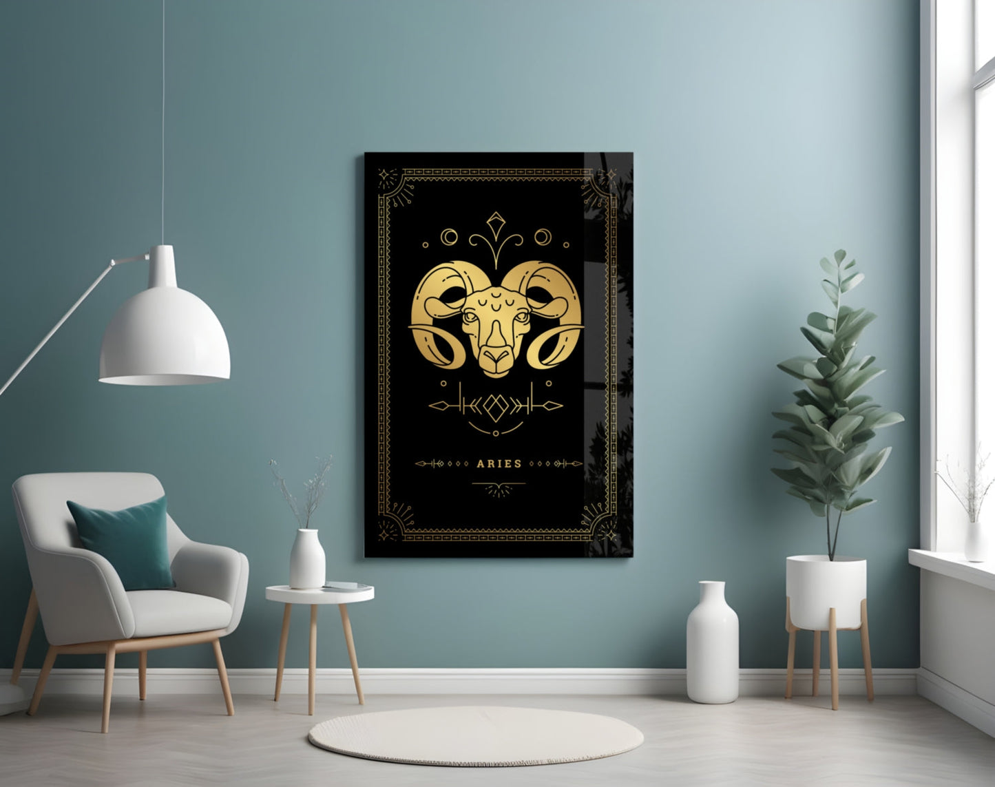 Black glass wall art featuring gold Aries ram symbol and ornamental borders displayed in modern room interior.