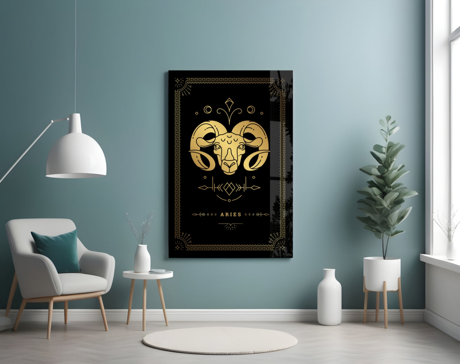 Black glass wall art featuring gold Aries ram symbol and ornamental borders displayed in modern room interior.