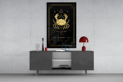Gold Crab Zodiac Card on Black Glass Wall Art