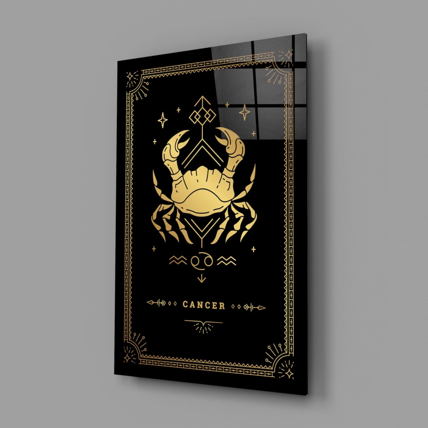Gold Crab Zodiac Card on Black Glass Wall Art