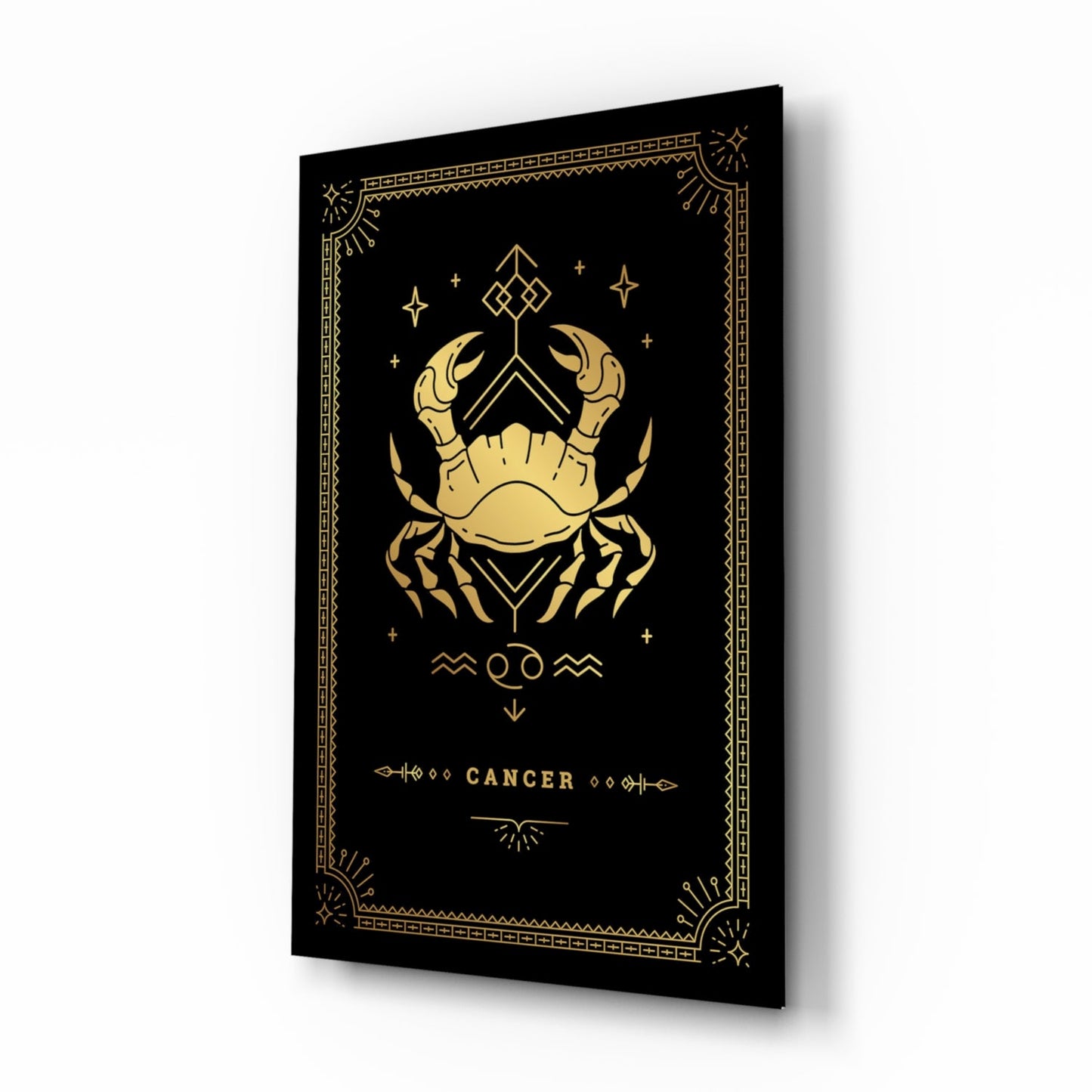Gold Crab Zodiac Card on Black Glass Wall Art