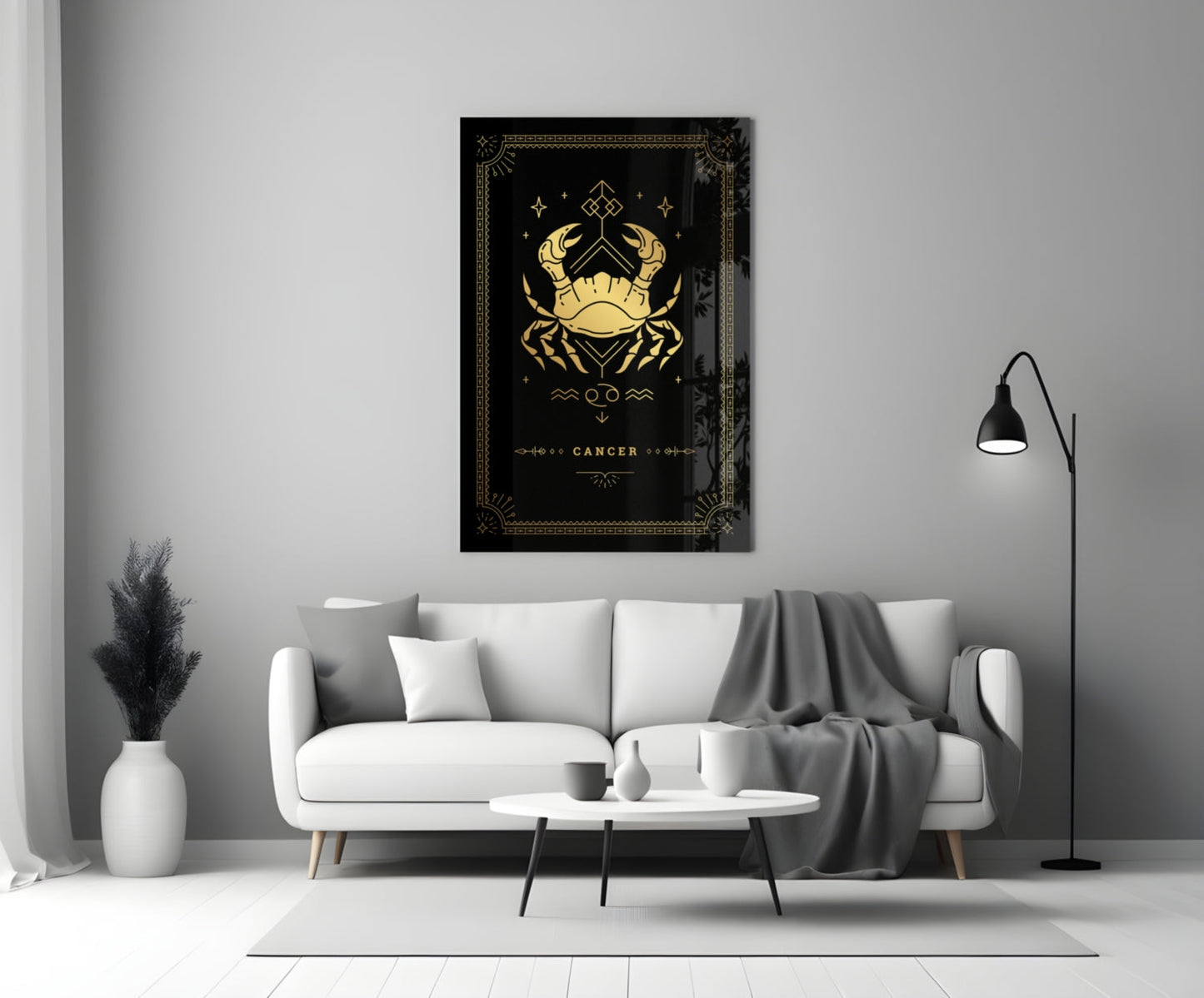 Gold Crab Zodiac Card on Black Glass Wall Art