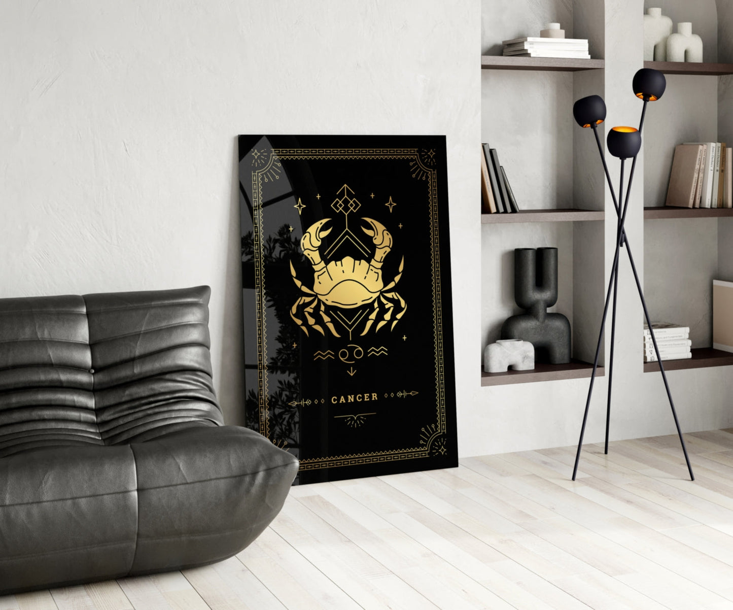 Gold Crab Zodiac Card on Black Glass Wall Art
