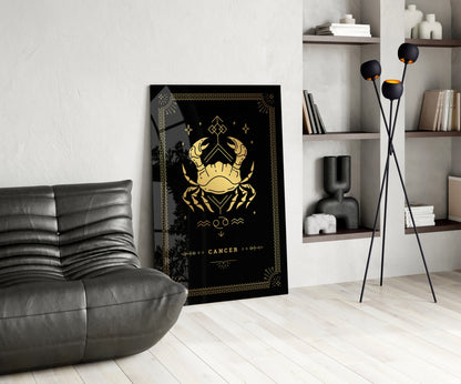 Gold Crab Zodiac Card on Black Glass Wall Art