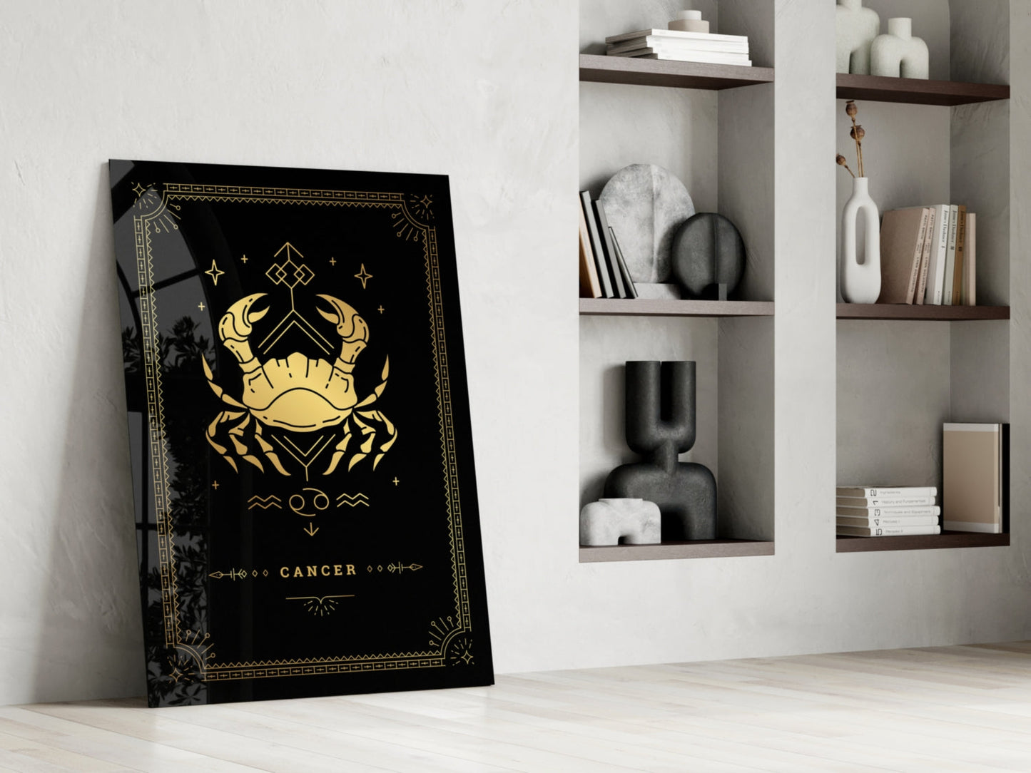 Gold Crab Zodiac Card on Black Glass Wall Art