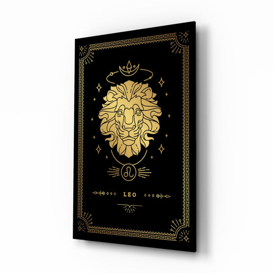 Black glass panel with gold Leo zodiac lion head design, celestial symbols, and decorative border, angled three-quarter view.