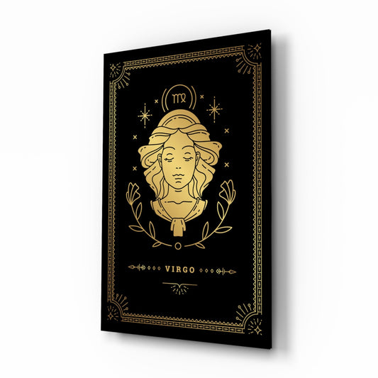 Black glass wall art panel with gold Virgo zodiac illustration, decorative border, and astrological symbols displayed at an angle.