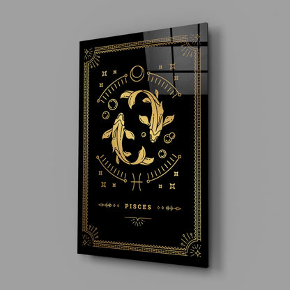 Black glass wall art with gold zodiac Pisces illustration, decorative border, and text displayed at three-quarter angle.