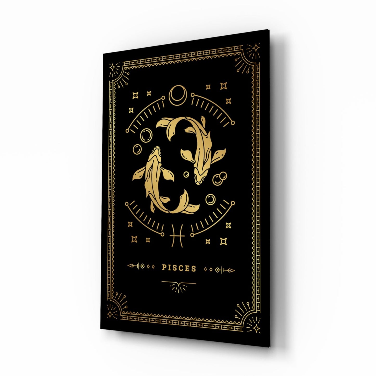 Black glass wall art featuring gold Pisces zodiac symbol with two fish, decorative border, and celestial elements.
