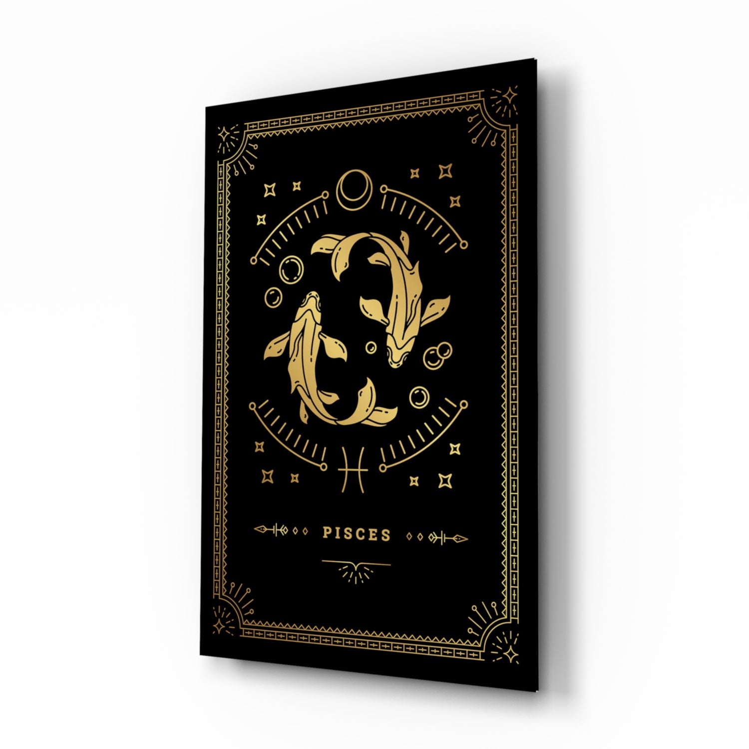 Black glass wall art featuring gold Pisces zodiac symbol with two fish, decorative border, and celestial elements.