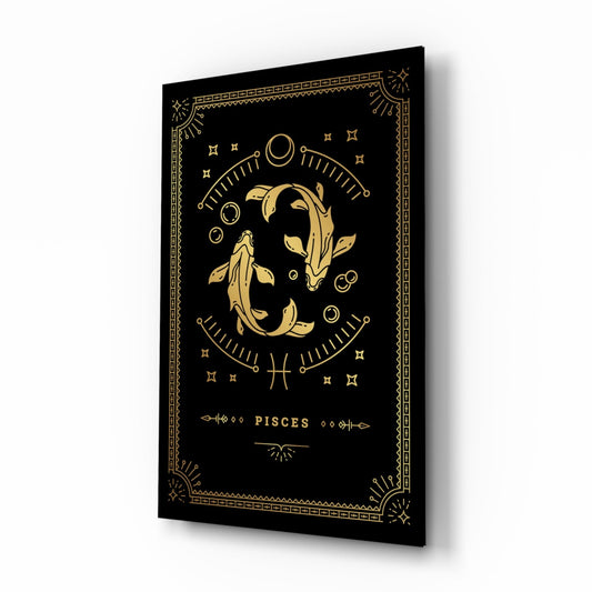 Black glass wall art featuring gold Pisces zodiac symbol with two fish, decorative border, and celestial elements.