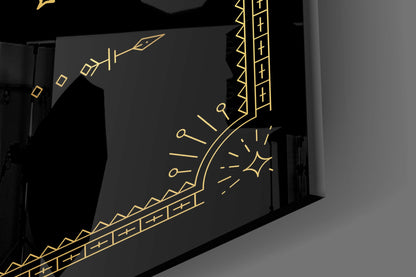 Black glass panel with gold line-drawn Pisces zodiac symbols, fish motif, and decorative geometric patterns displayed at an angle.