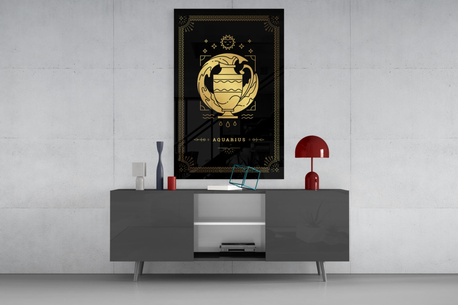 Black Aquarius zodiac glass wall art with gold illustration displayed above gray media console in modern interior setting.