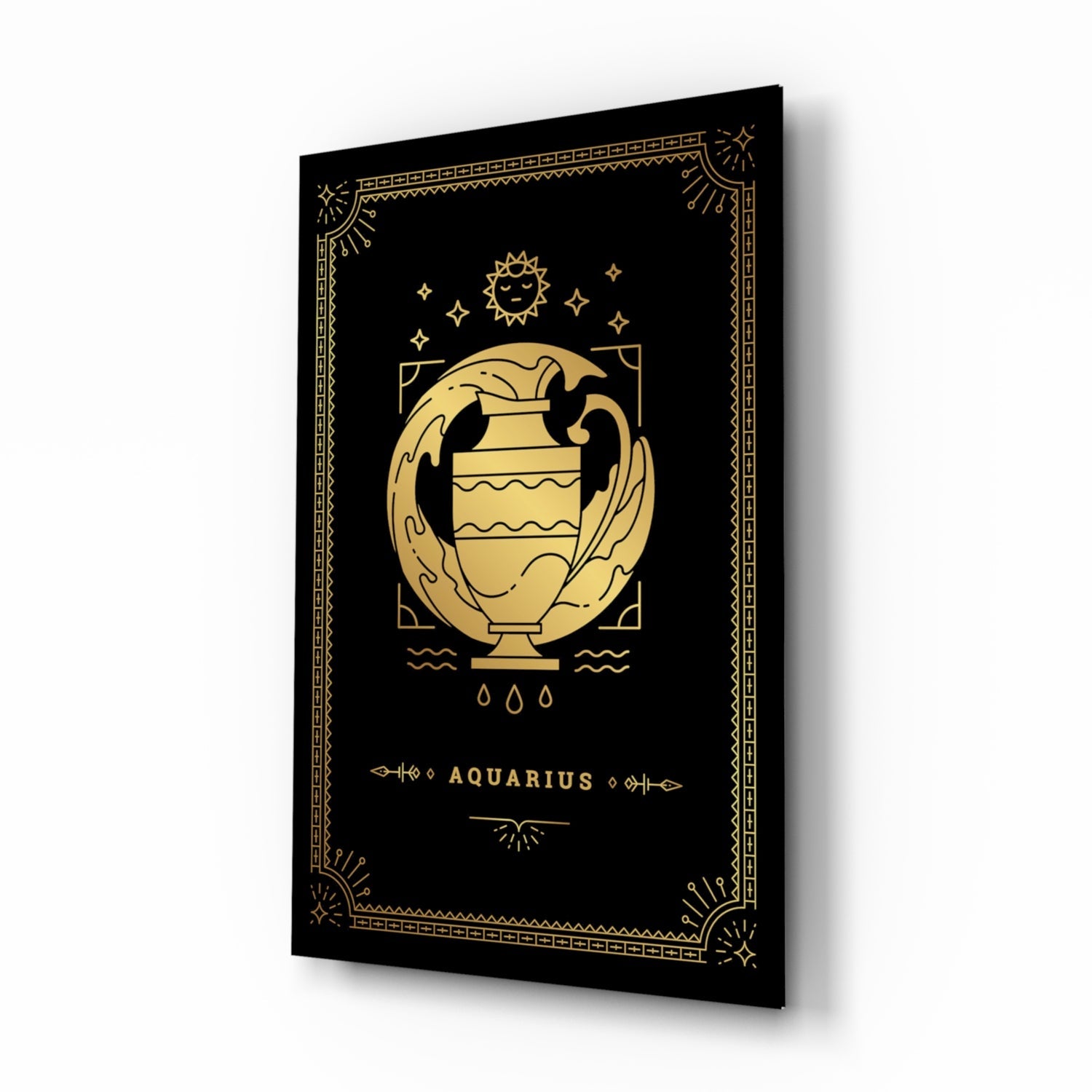 Black glass panel with gold Aquarius zodiac symbol, water urn, sun, stars, and decorative border displayed at an angle.