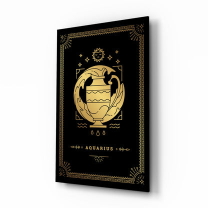 Black glass panel with gold Aquarius zodiac symbol, water urn, sun, stars, and decorative border displayed at an angle.