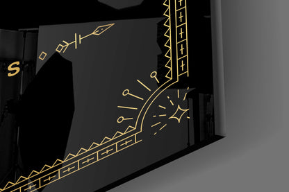 Black glass wall art panel with gold line-drawn Aquarius zodiac symbol and decorative geometric patterns, angled three-quarter view.