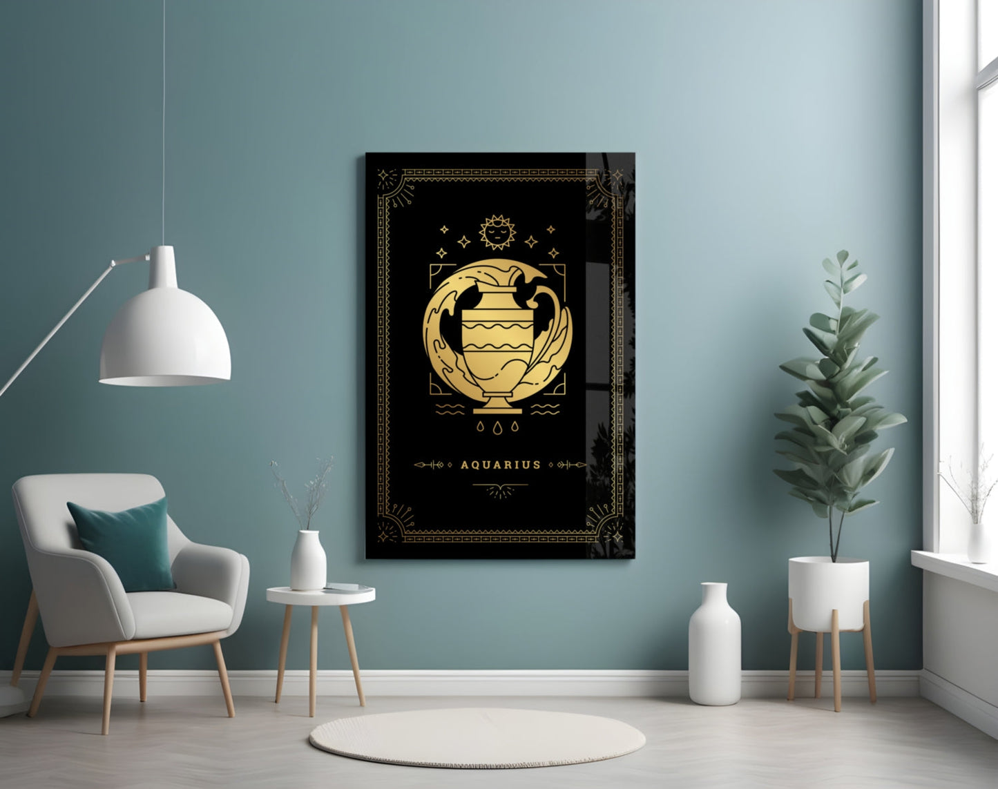 Black and gold Aquarius zodiac glass wall art displayed in a modern living room with teal walls, white furniture, and potted plants.