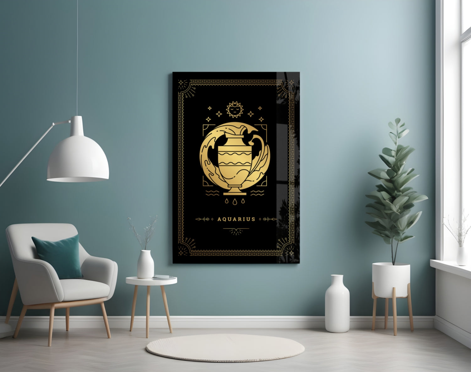 Black and gold Aquarius zodiac glass wall art displayed in a modern living room with teal walls, white furniture, and potted plants.