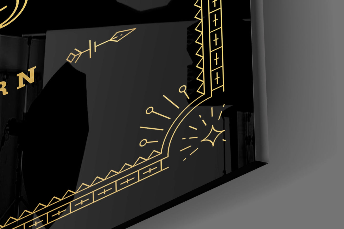 Black glass wall art with gold line-drawn Capricorn symbol, geometric patterns, and decorative elements displayed at an angle.