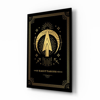 Black glass wall art with gold Sagittarius zodiac symbol, archer illustration, celestial decorative border, and text on angled perspective view.