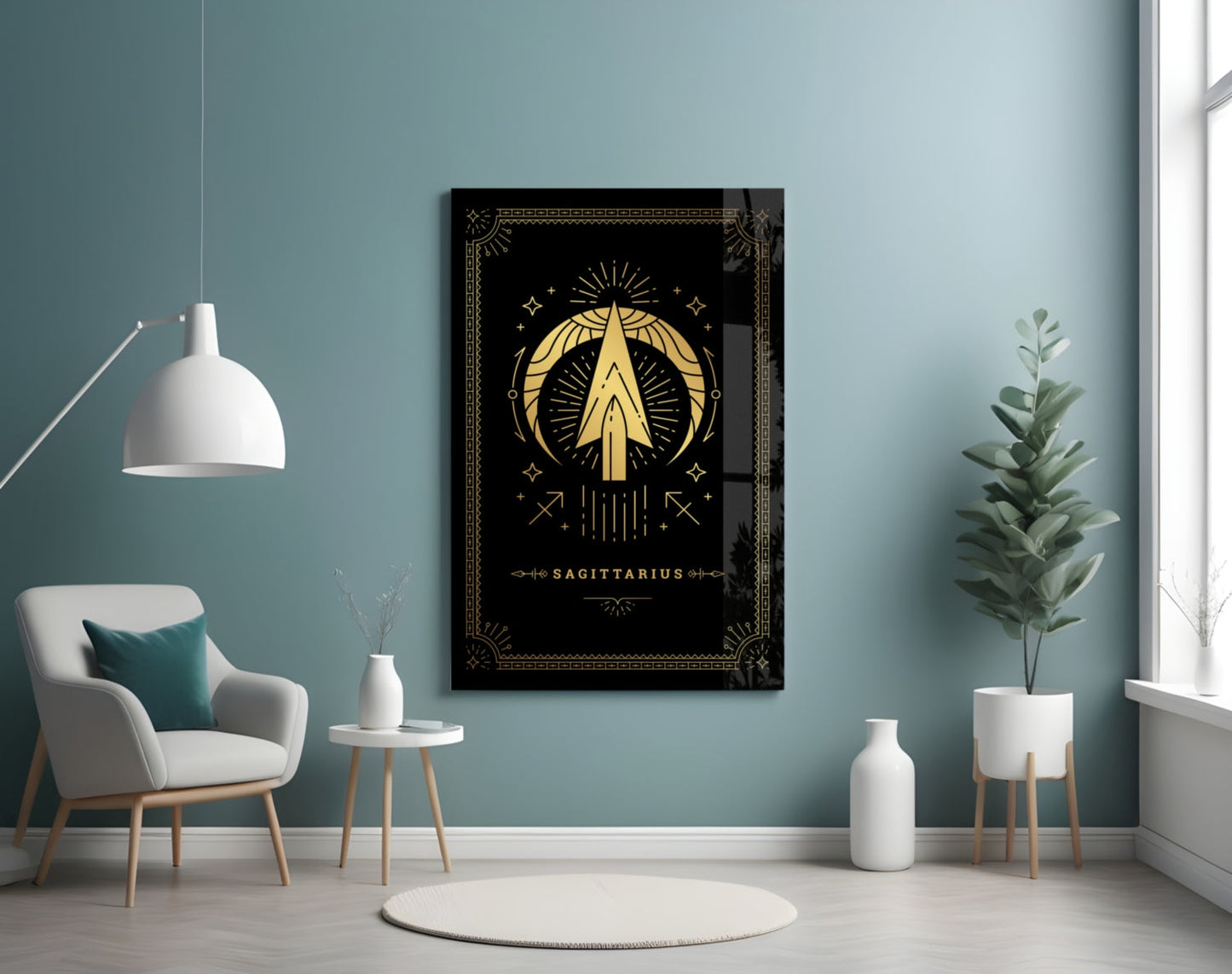 Black glass wall art featuring gold Sagittarius zodiac symbol with radiating lines displayed in minimalist room with turquoise walls.
