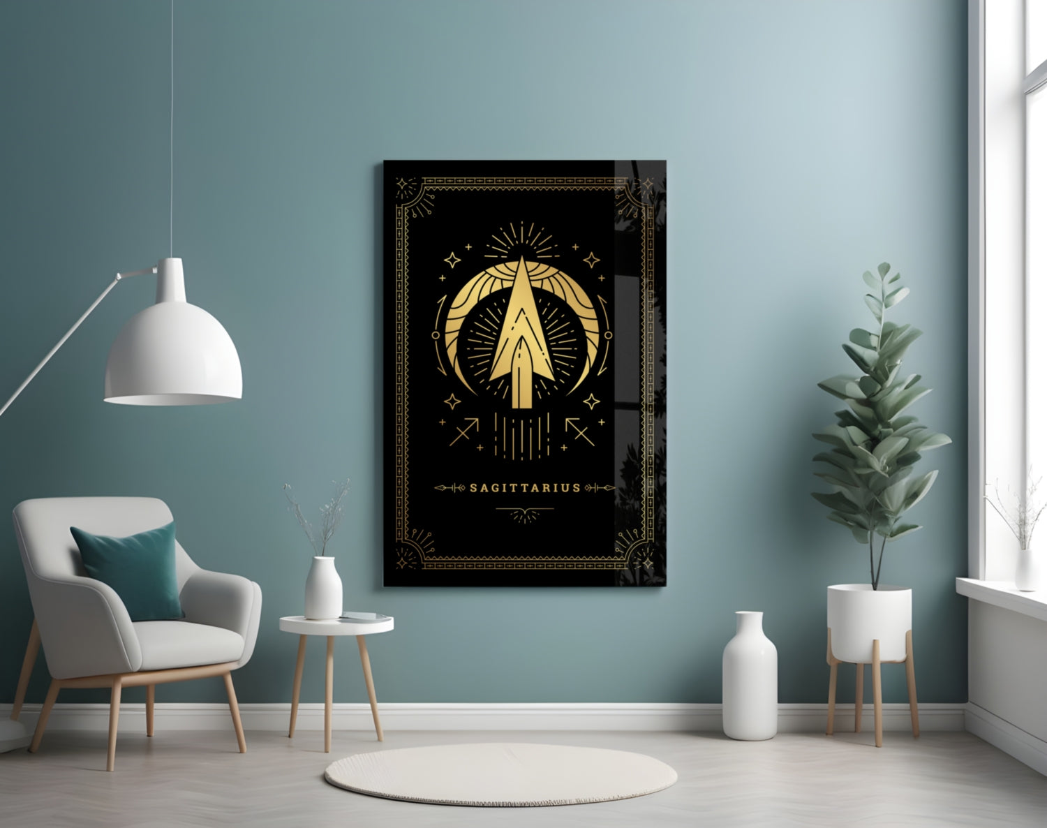 Black glass wall art featuring gold Sagittarius zodiac symbol with radiating lines displayed in minimalist room with turquoise walls.