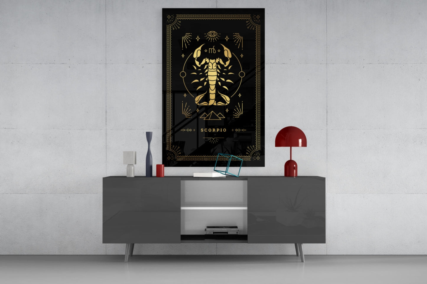 Gold Scorpion Zodiac Card on Black Glass Wall Art
