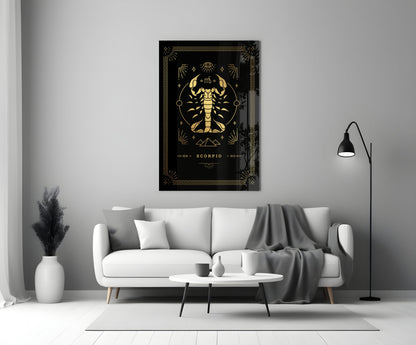 Gold Scorpion Zodiac Card on Black Glass Wall Art