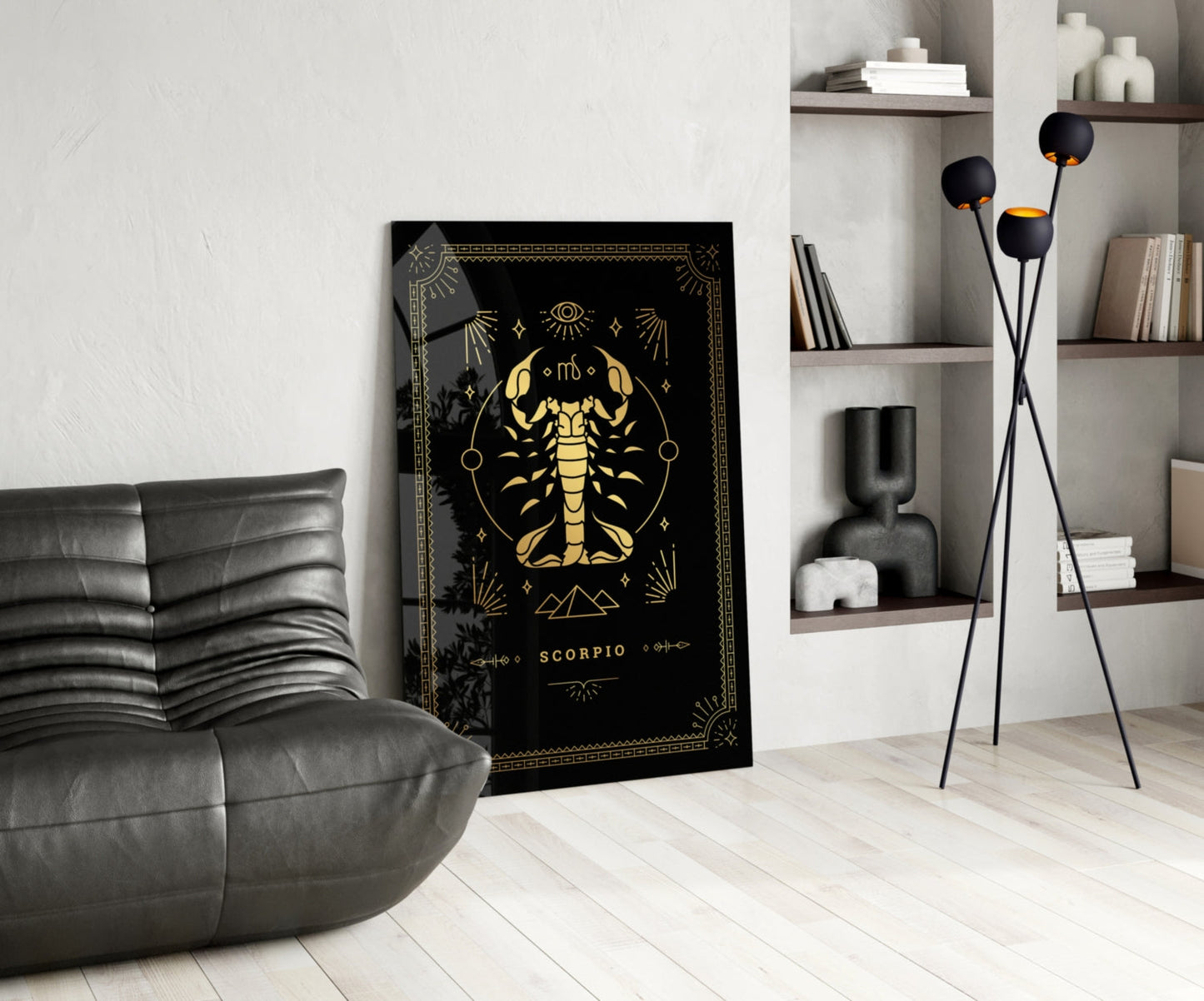 Gold Scorpion Zodiac Card on Black Glass Wall Art