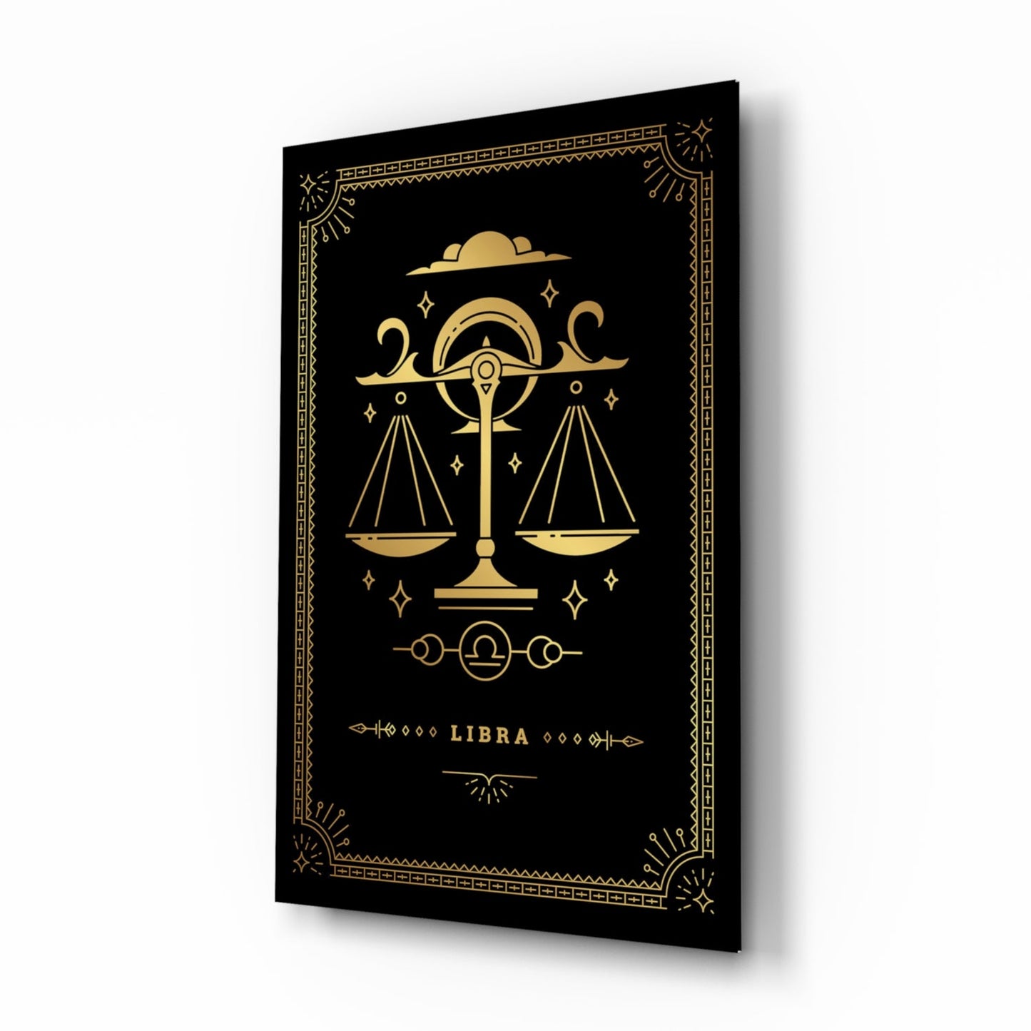 Black glass panel with gold Libra zodiac symbol, scales, moon phases, and decorative border displayed at angle.