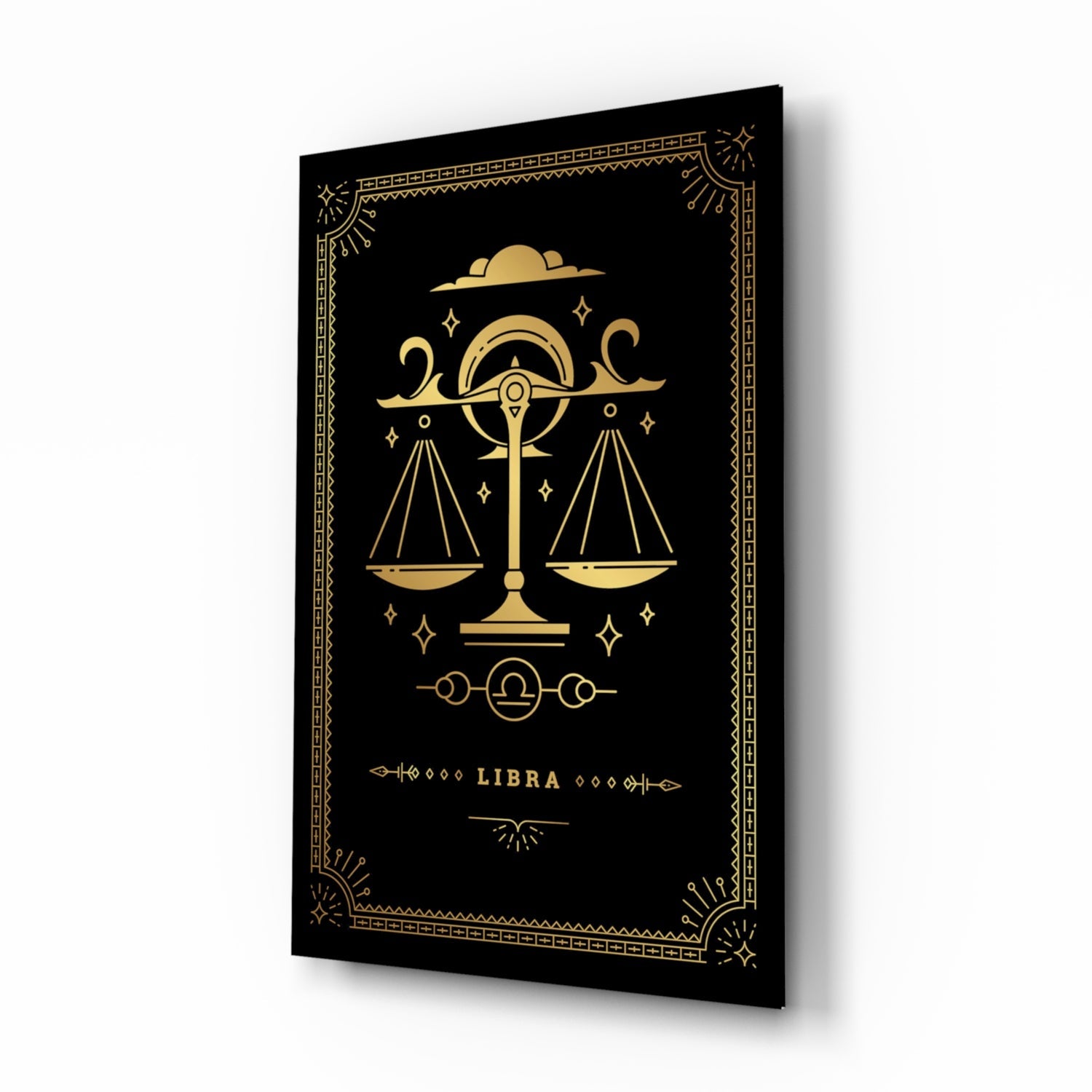 Black glass panel with gold Libra zodiac symbol, scales, moon phases, and decorative border displayed at angle.