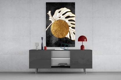 Gold Circle Behind White Monstera Leaf Art Glass Wall Art