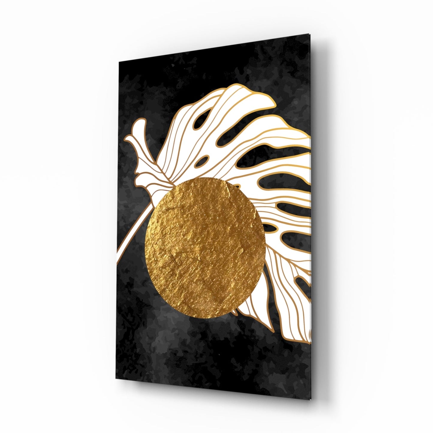 Gold Circle Behind White Monstera Leaf Art Glass Wall Art