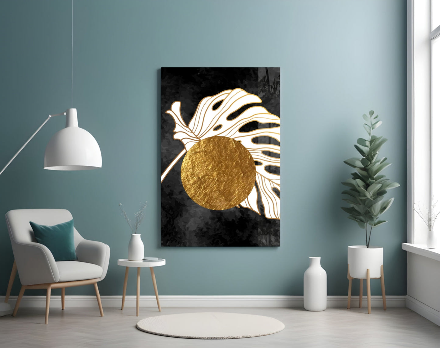 Gold Circle Behind White Monstera Leaf Art Glass Wall Art