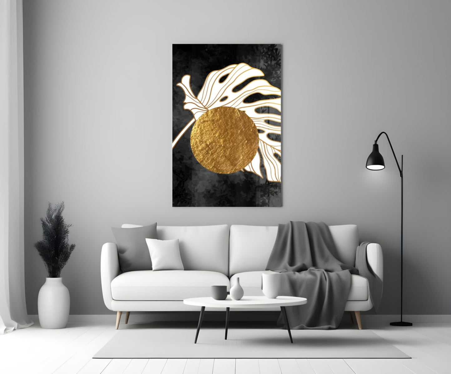 Gold Circle Behind White Monstera Leaf Art Glass Wall Art