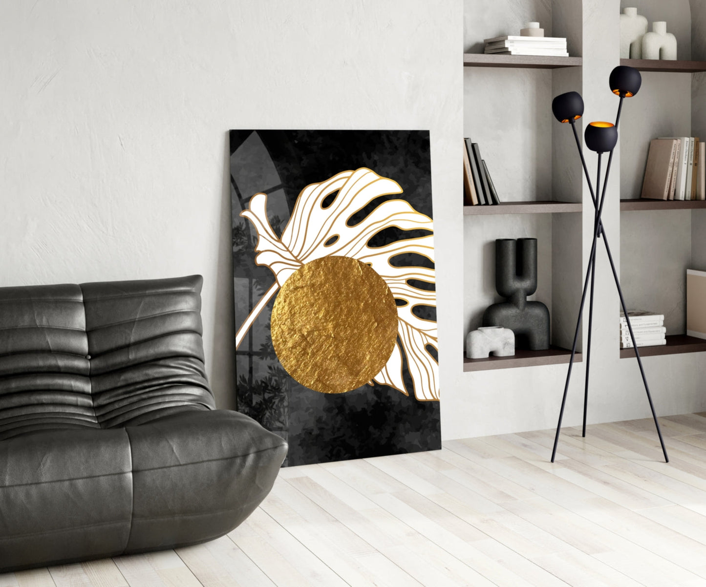 Gold Circle Behind White Monstera Leaf Art Glass Wall Art