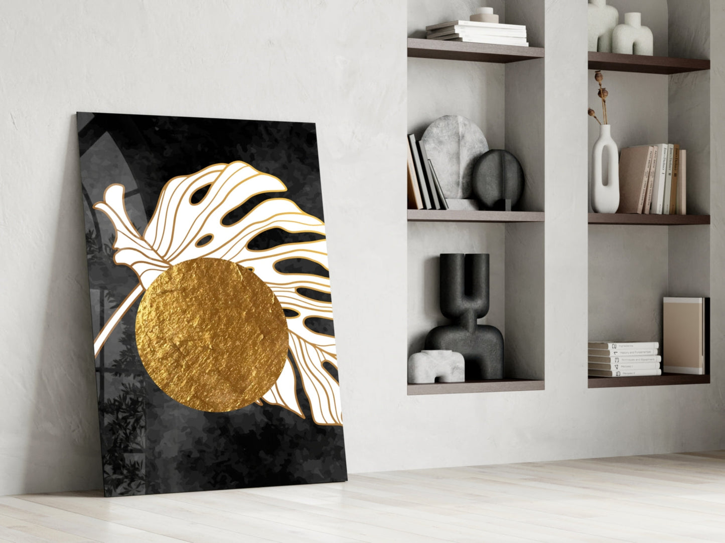 Gold Circle Behind White Monstera Leaf Art Glass Wall Art
