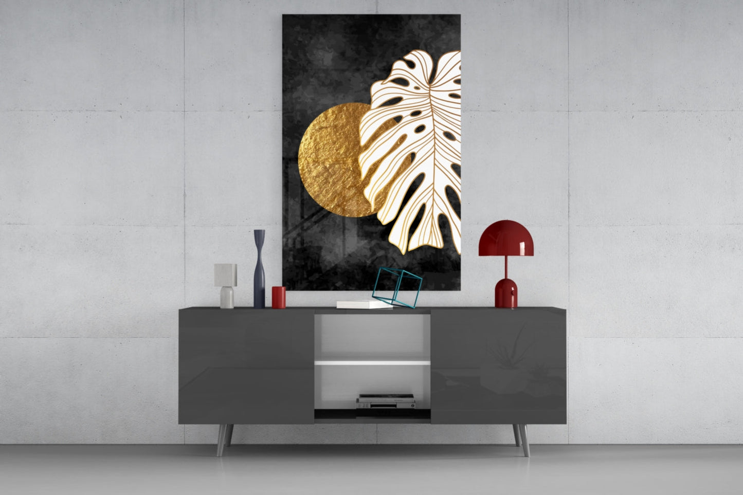 Gold Sun and Side Monstera Leaf Art Glass Wall Art