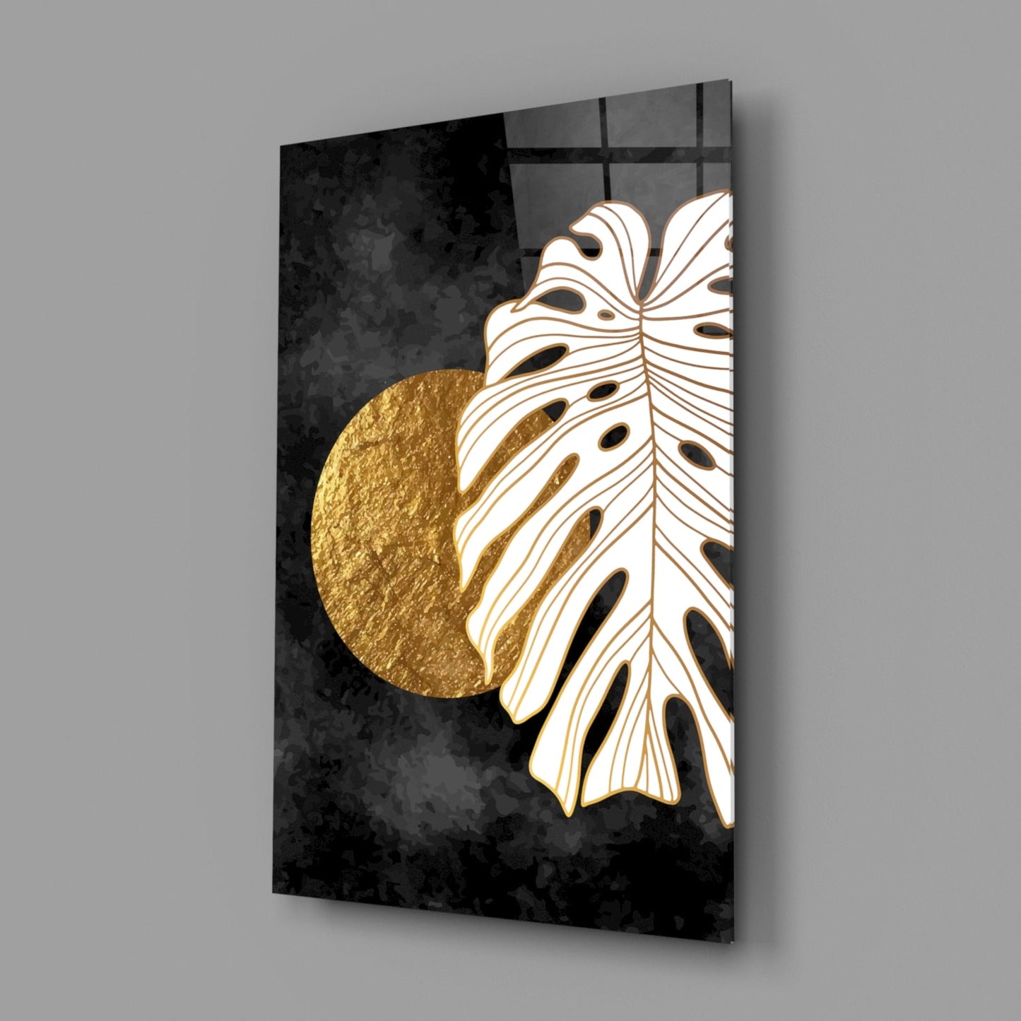 Gold Sun and Side Monstera Leaf Art Glass Wall Art