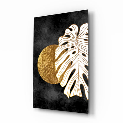 Gold Sun and Side Monstera Leaf Art Glass Wall Art