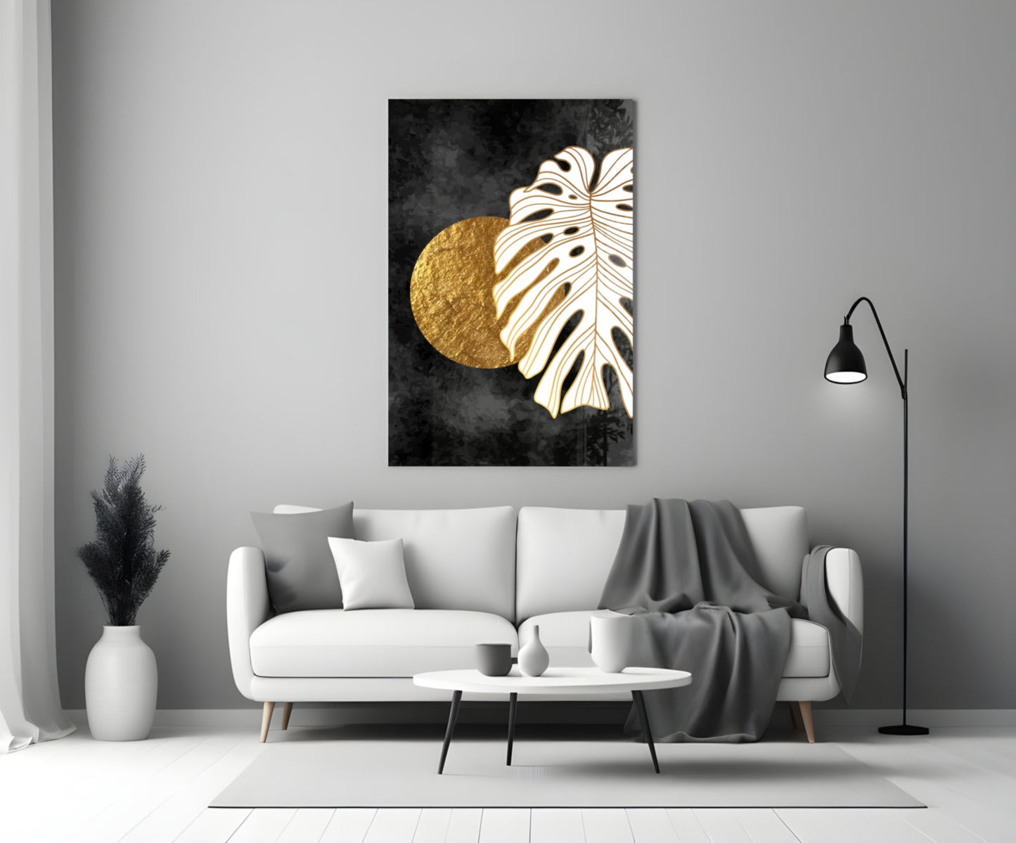 Gold Sun and Side Monstera Leaf Art Glass Wall Art